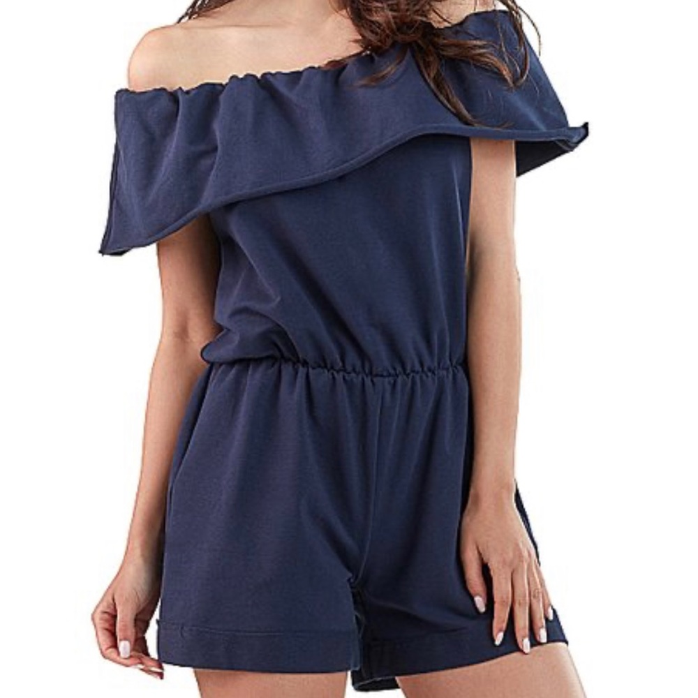 La ju Los Angeles Navy off the shoulder ruffle romper